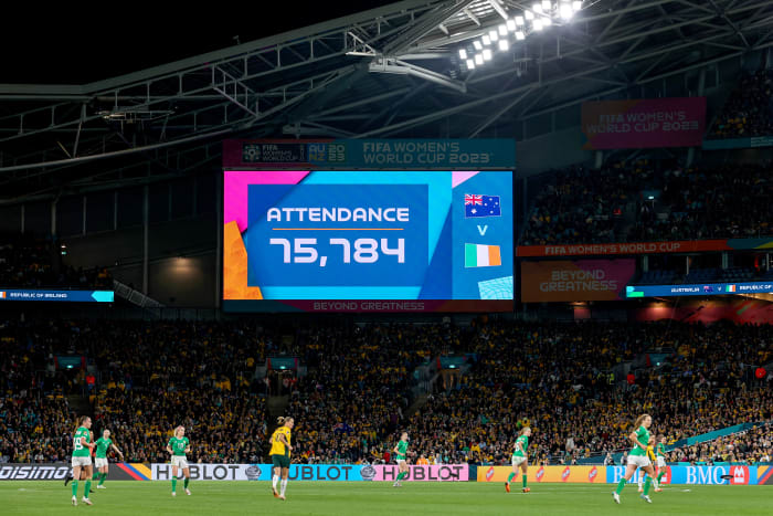 A photo taken during a game at the 2023 Women's World Cup between Australia and Ireland, which was watched live by 75,784 fans at Sydney's Stadium Australia